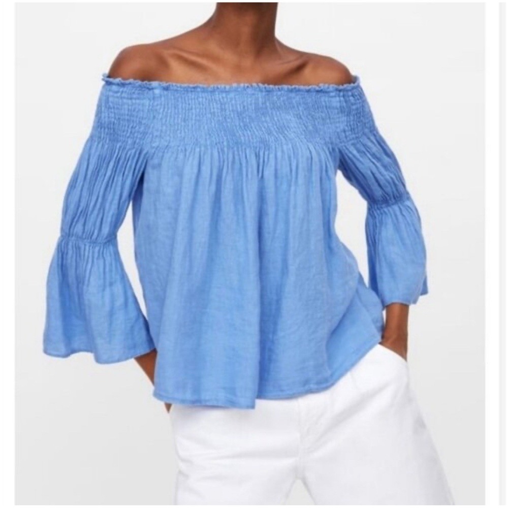 Zara Linen Top Blouse Womens M Off‎ Shoulder Boho Flirty Gypsy Baby Blue preppy